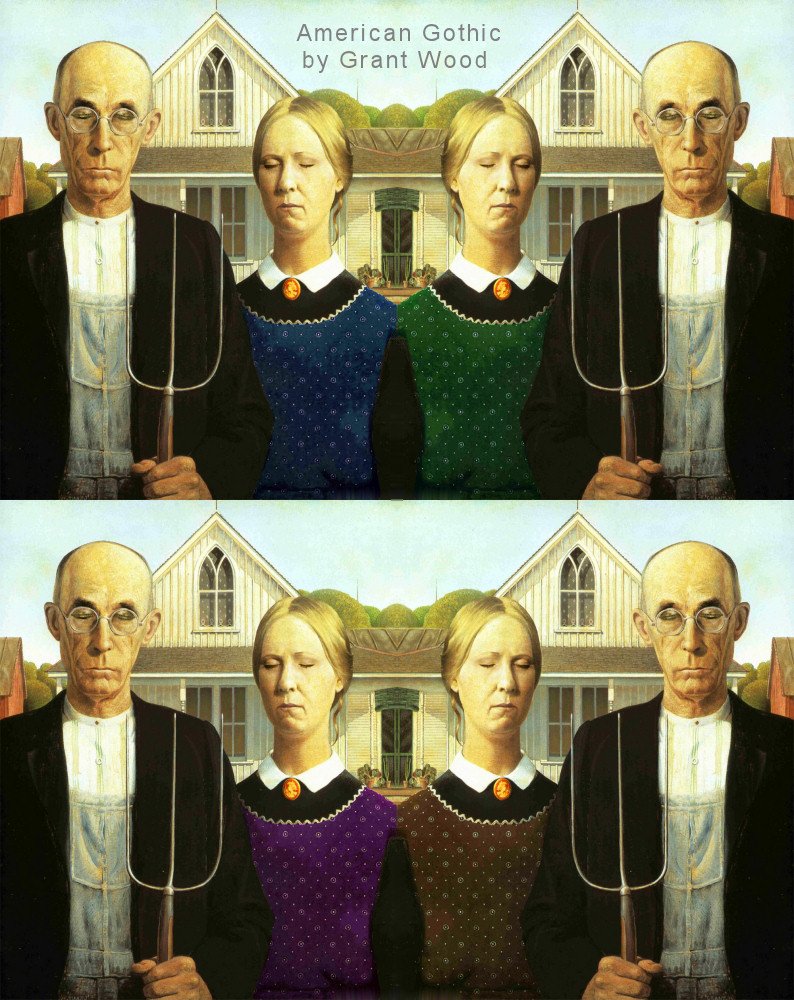 DeepCrypter2's tweet image. American Gothic by Grant Wood famous painting has been recolored showing how coloring her blouse with different colors changes the painting considerably.
#grantwood #americangothic #famouspainting #art #artist #drawing #love #photography #artwork #painting
