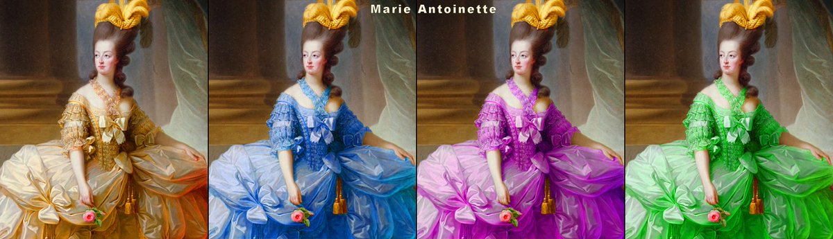 DeepCrypter2's tweet image. Marie Antoinette famous painting by Elisabeth Louise Vigee-Lebrun 1779 (last Queen of France 1755-93) showing how recoloring her dress changes the painting considerably.
#famouspainting #art #artist #drawing #love #photography #artwork #painting #photo #queen #France
