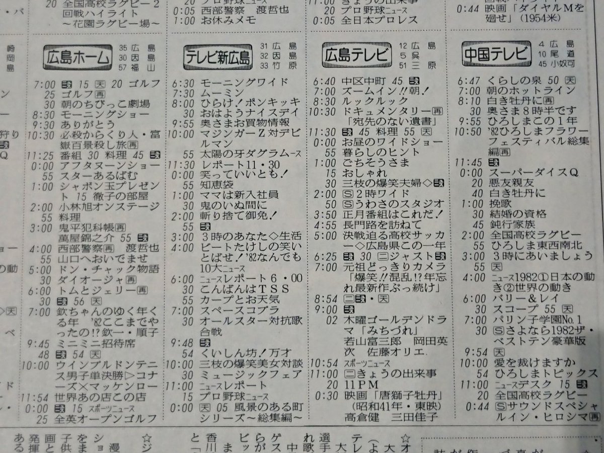 ぽちまる A Twitter 19年12月30日付け 愛媛新聞より 当時 すでに4局揃っていた広島のテレビ欄 愛媛で放送していない番組が多くて ただただ羨ましかったおぼえが