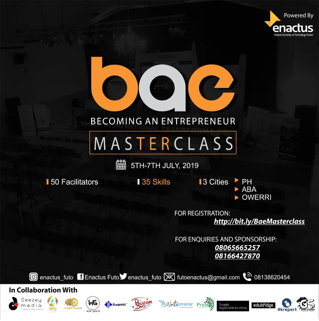 Enactus_FUTO's tweet photo. #baeMasterclass is the next big thing you need to becoming a reputable entrepreneur.
Let us help you understand your potentials towards building your business line.
#Enactus_futo
#ChrisGlasson https://t.co/e3tA8rKiZj
