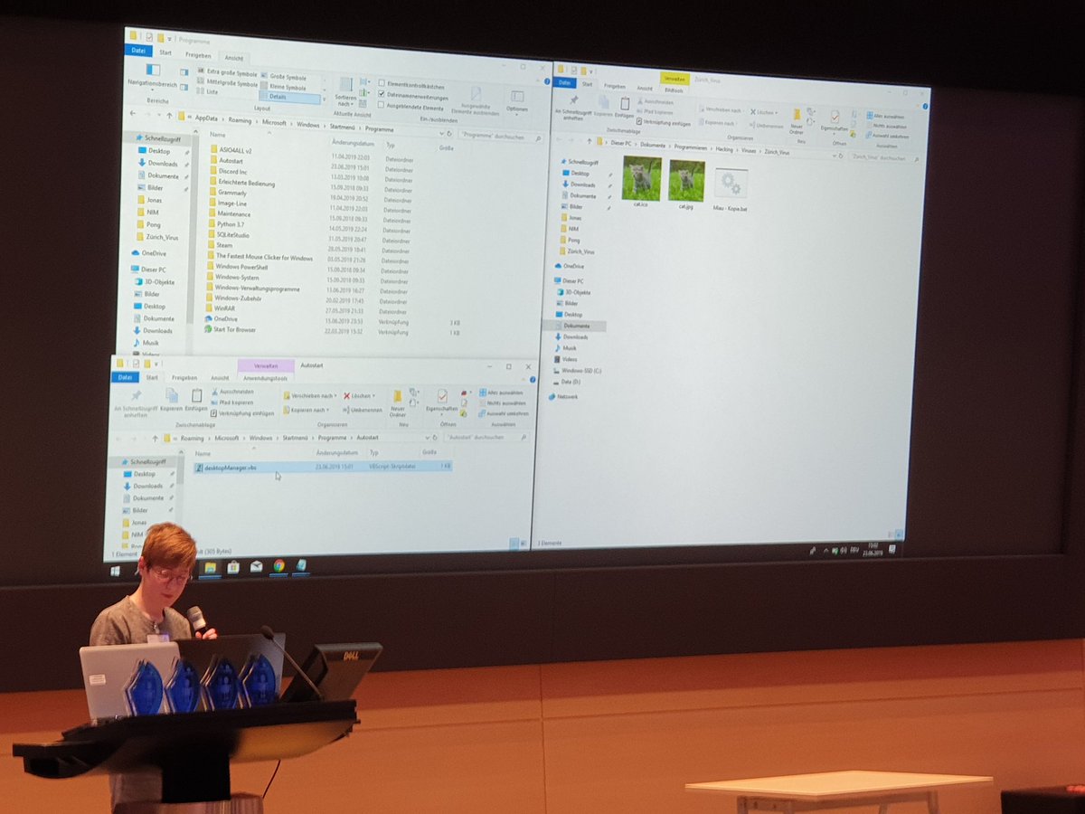 CoderDojoZH's tweet image. A demo of a computer virus pretending to be a nice cat picture. Do not open unknown email attachments! #zurichinnovates #becool