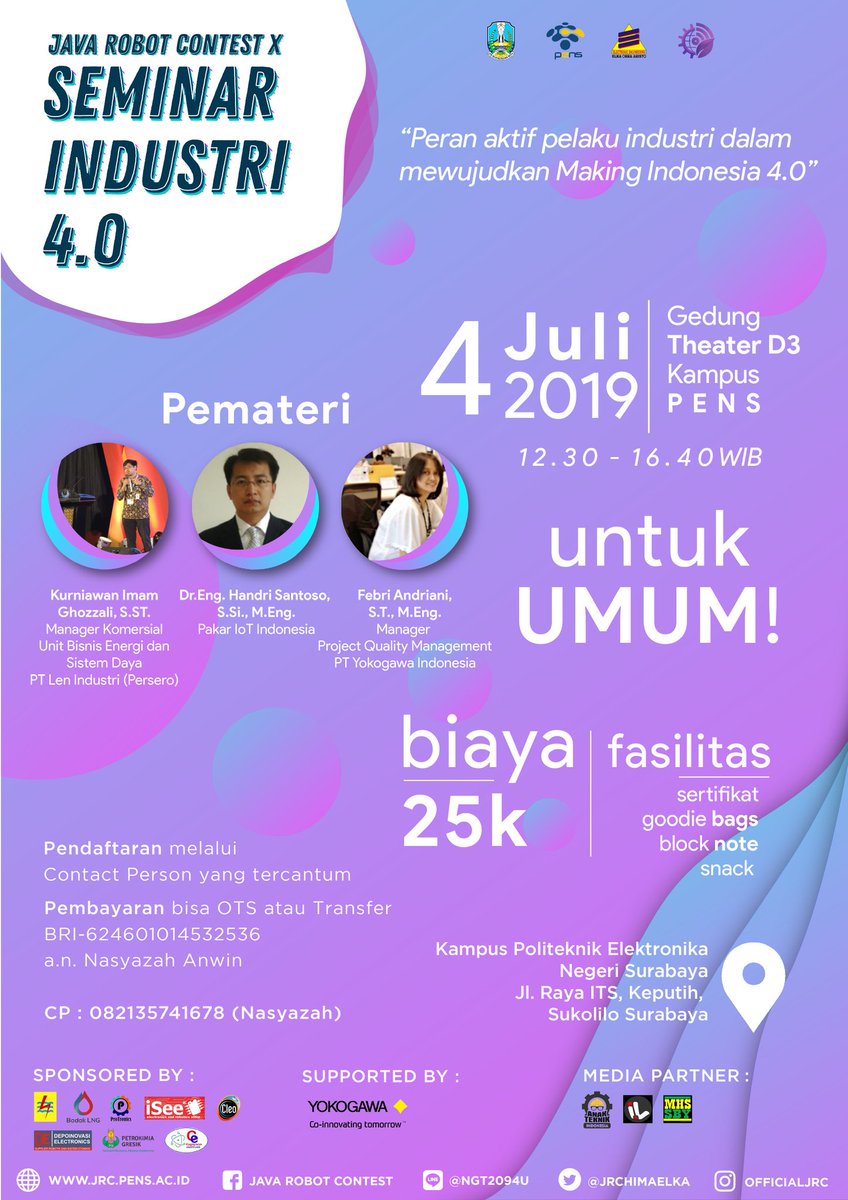 🌐[SEMINAR NASIONAL : REVOLUSI INDUSTRI 4.0]🌐

Haii JRC mania!!! Indonesia telah dihadapkan oleh fenomena revolusi industri 4.0.Yuk, kita kupas tuntas pada  Seminar Nasional :  Revolusi Industri 4.0 dengan tema
"Peran aktif pelaku industri dalam mewujudkan Making Indonesia 4.0"