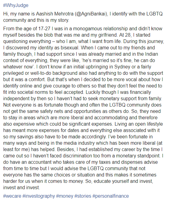 I4Investography's tweet photo. #WhyJudge

Hi, my name is Aashish Mehrotra (@AgniBankai), I identify with the LGBTQ community and this is my story.

https://t.co/Ypggfj3vsf

#wecare #investography #money #stories #personalfinance #PRIDE  #LGBTQ https://t.co/qZWCkGDlZC