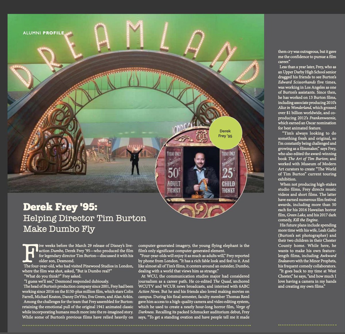 DerekFreyFilms's tweet photo. Thank you West Chester University Magazine for the Alumni Profile! @ArtsAtWCU @WCUAA @WCUofPA @DisneyStudios  @timburtonproductions #Dumbo #derekfrey #westchesteruniversity #timburton #Disney 
https://t.co/putb2R1nls https://t.co/OBU5dIIGAw