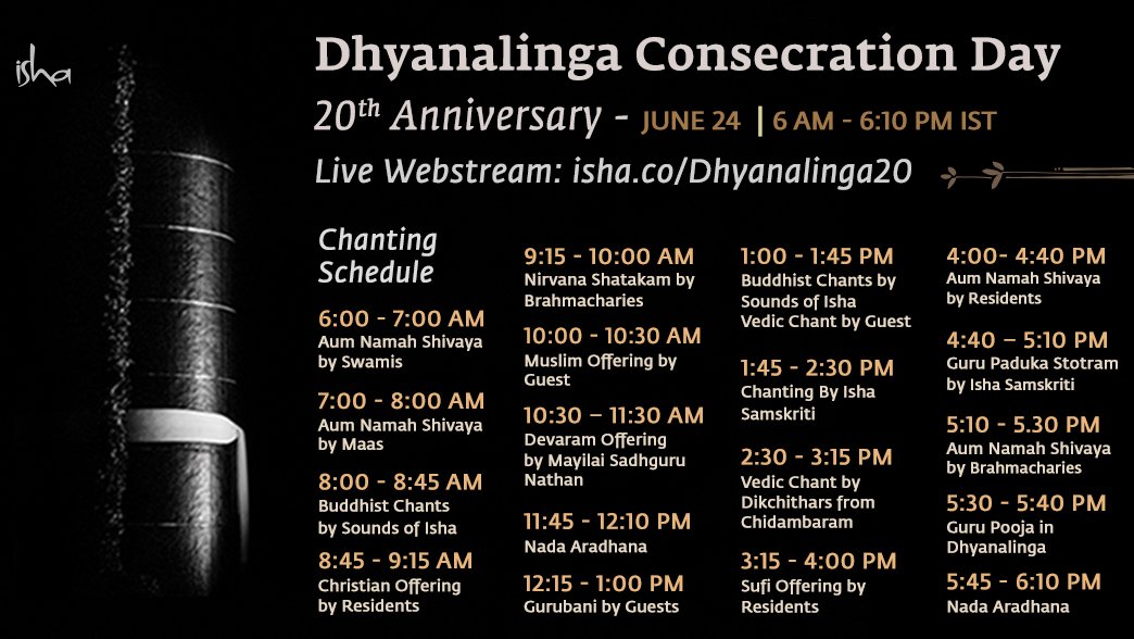ishafoundation's tweet photo. We are celebrating the 20th consecration anniversary of the Dhyanalinga with an offering of multi-religious chants and songs. Join us at Isha Yoga Center on June 24, 2019 from 6 am IST. #Dhyanalinga20Yrs.
https://t.co/e6KZunLAaP https://t.co/o1ibpfCVhg