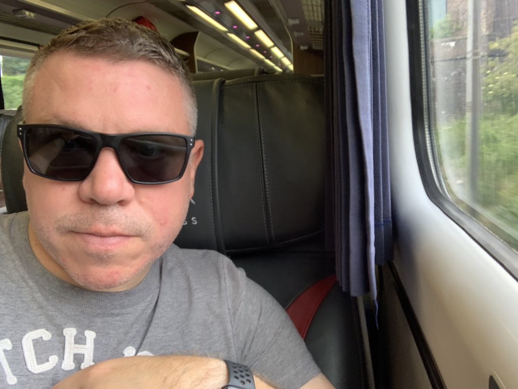 BenYorkMix's tweet photo. Sunday #Trainie (train selfie) you never know it might catch on! The sunglasses really aren’t necessary but travelling solo without Mrs Fry to make me take them off 🕶🚝 @LNER https://t.co/8bUM8h7Hwf