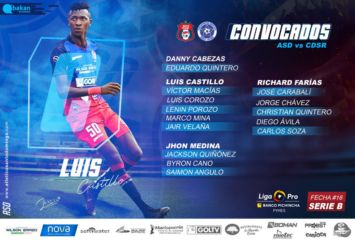 CDASantoDomingo's tweet photo. 🚨DOMINGO DE FÚTBOL PROFESIONAL⚽️
✅Lista de guerreros convocados por el DT Héctor Manuel, para medir hoy Domingo en nuestra casa a un duro rival Club Santa Rita #LigaProBancoPichinchaPymes #SerieB2019 #RumboAlaSerieA
👉 Vamos por esos 3 puntos en casa #ASD2019!!!
#Qbakan https://t.co/sETqkYw8NB
