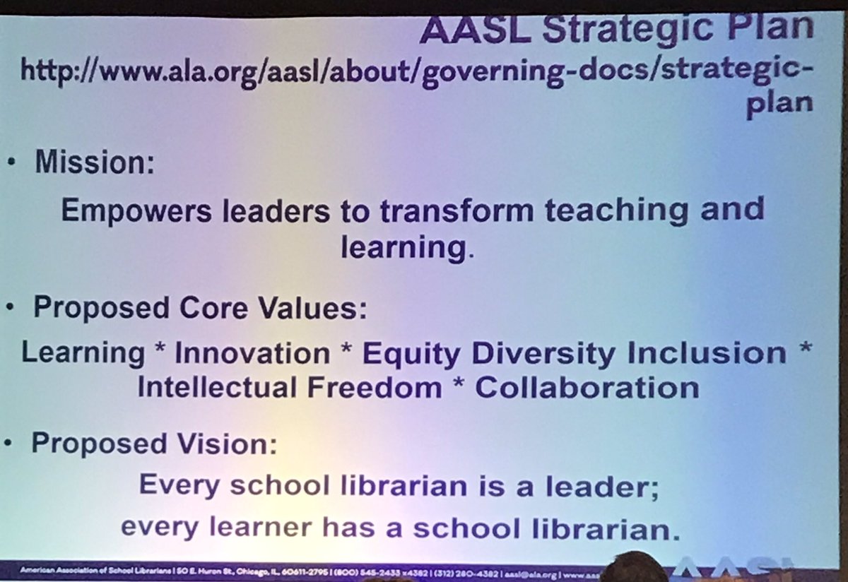 Mrs_Dilly's tweet photo. AASL Strategic Plan. What resonates the most is “Every school librarian is a leader.” #ALLibraries #AllLibraries #alaac2019 https://t.co/QswMxzAGeF