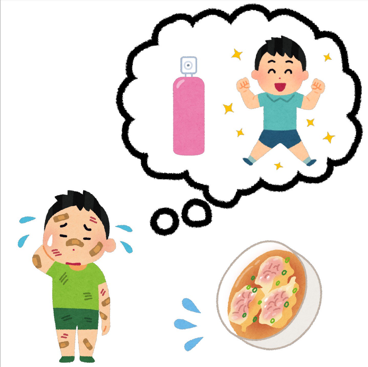 まいチクをいらすとやで再現 Dayukoume 再現難易度 使ったイラスト 6枚 ふきだしのイラスト スプレーのイラスト ピンク 元気な男の子のイラスト 怪我をしている男の子のイラスト ワンタンスープのイラスト 漫符のイラスト 焦った汗 まいにち