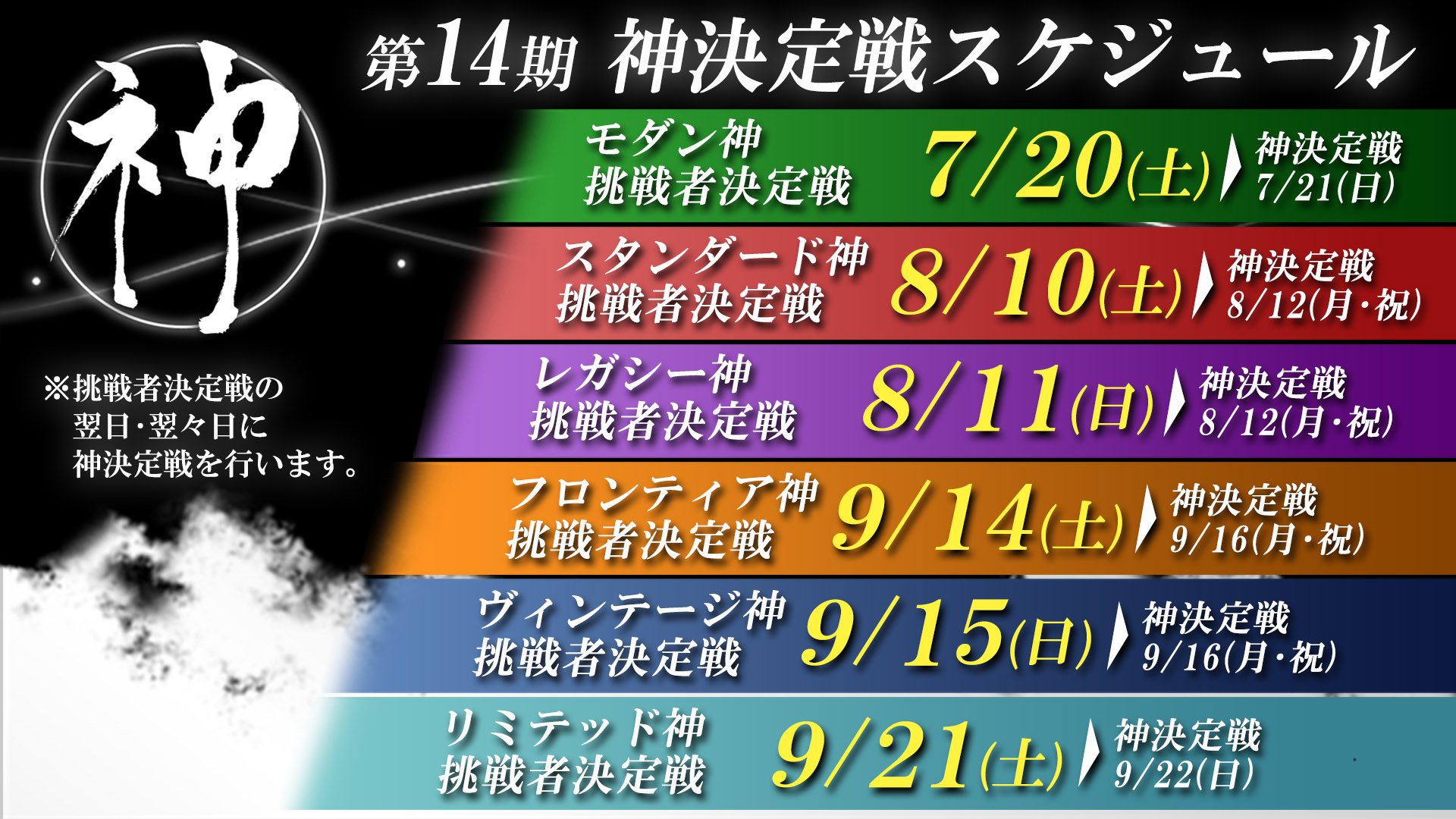 晴れる屋 Auf Twitter 神決定戦 第14期神決定戦 スケジュール モダン 7 20 土 21 日 スタンダード 8 10 土 12 月 祝 レガシー 8 11 日 12 月 祝 フロンティア 9 14 土 16 月 祝 ヴィンテージ 9 15 日 16 月 祝 リミテッド 9 21 土 22