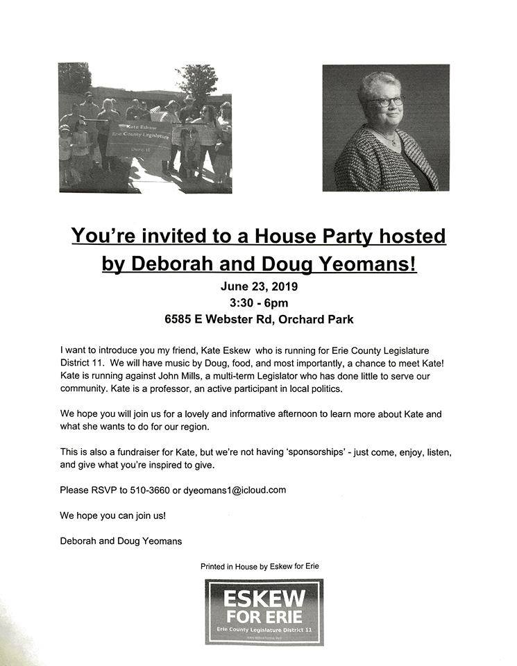 OPdemocrats's tweet photo. House Party for Kate Eskew, candidate for the 11th District of the Erie County Legislature, today in Orchard Park! This will be a laid back event featuring music from Doug Yeomans. https://t.co/iFLEYn24FP