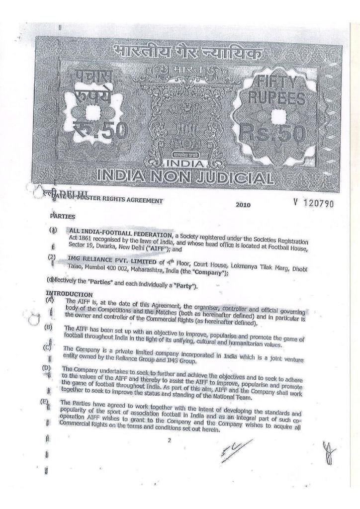 THE_RanjitBajaj's tweet photo. As promised, here first ten pages of the Master Rights Agreement between RELIANCE FSDL &amp; AIFF, they connived w each other to sell OUR INDIAN FOOTBALL for peanuts- there has to be another motive as the ZEE deal was much better- more on that later..(1/3) #FootballScam #IllegalMRA https://t.co/o8eoIZKgag