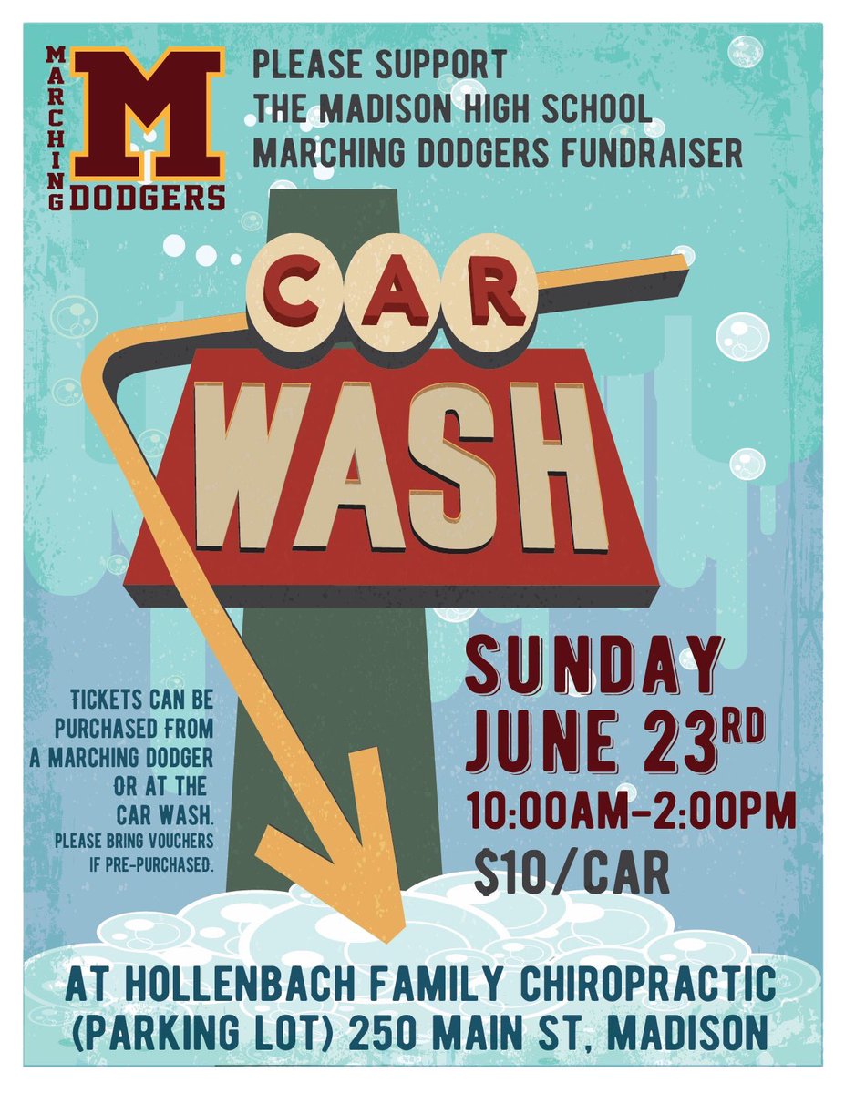 The ☀️ is shining again! A great day to come out & support our @MarchingDodgers & get your 🚗🚙clean🧽🧼 at TODAY’s car wash from 10-2 pm in front of Hollenbach Family Chiropractic (thanks @jimmychiro!) at 250 Main St in Madison! #seeyouthere #greatdaytobeadodger #DodgerSpirit