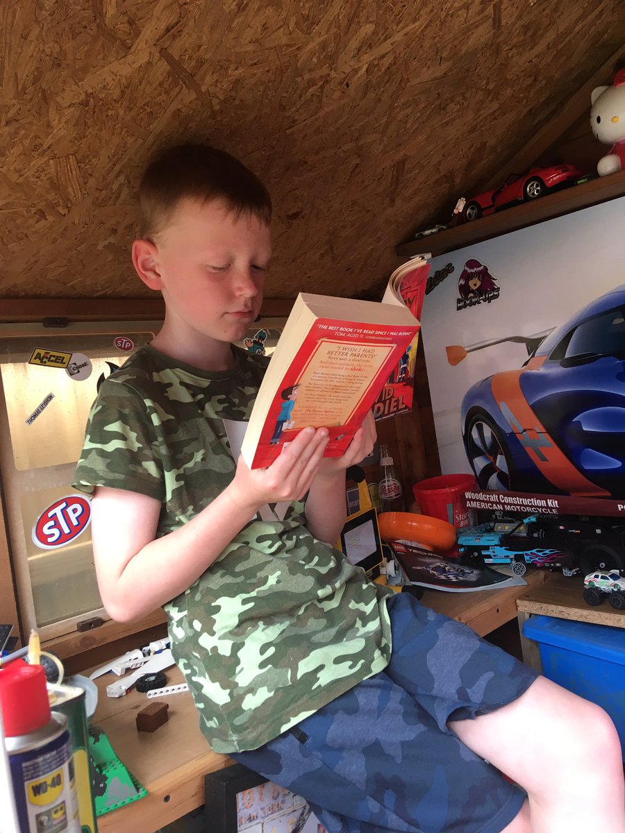 LeyshonLiz's tweet photo. Tom L enjoying reading in his man-cave shed in the back garden. @Class4Highpri @C4HighpriMrsW https://t.co/WUqzAji6xQ