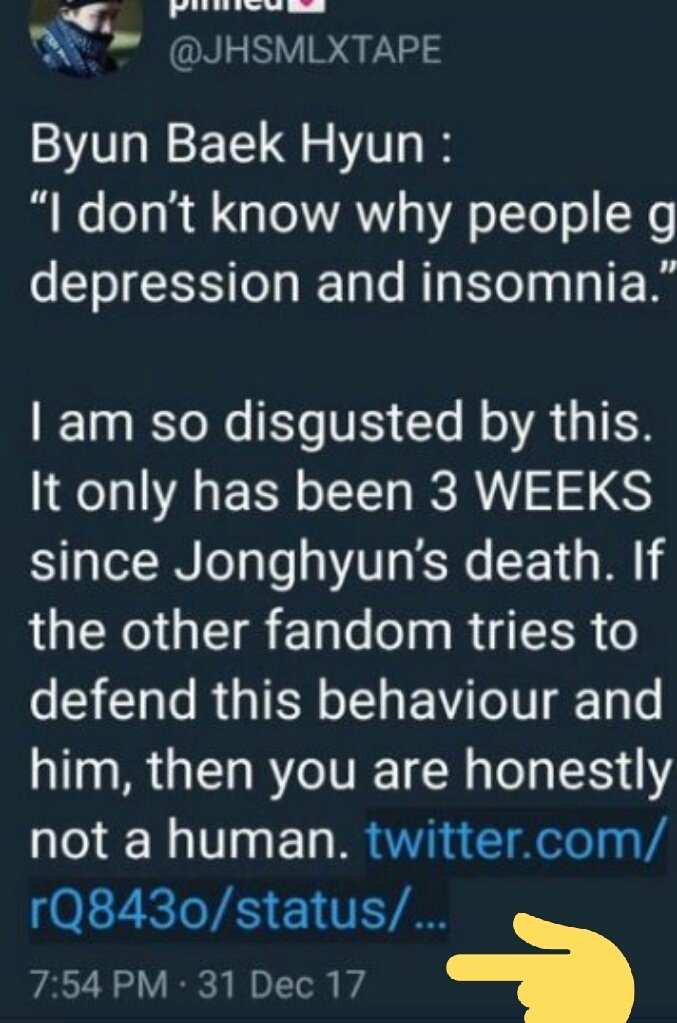 Later another acc JHSMLXTAPE translated the above acc in English on 31/12/17She said:“I don’t know why people get depression and insomnia”I am so disgusted by this. It has only been 3 WEEKS since Jong*yun’s d*ath. If the other fandom tries to defend this...cr: FlowerPrince_CY