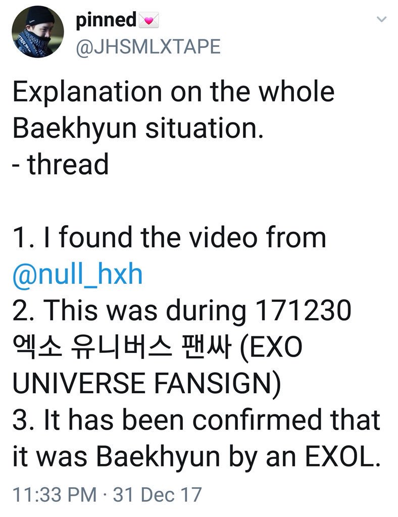 As a result we trended  #WeLoveYouBaekhyun which trended. We used the # to post messages of trust and love for him.However soon a new account was pulled into the drama. Apparently the video that was translated by JHSMLXTAPE was an edited one and she received it from null_hxh :)