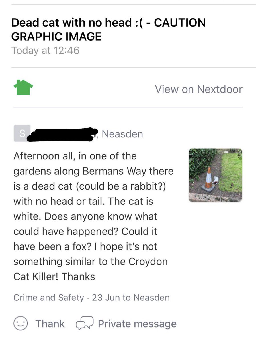 Anyone knows a bit more about this? Cat with no tail and head in Neasden, please tell me there isn’t a cat killer in the area! #neasden #killedcat #london