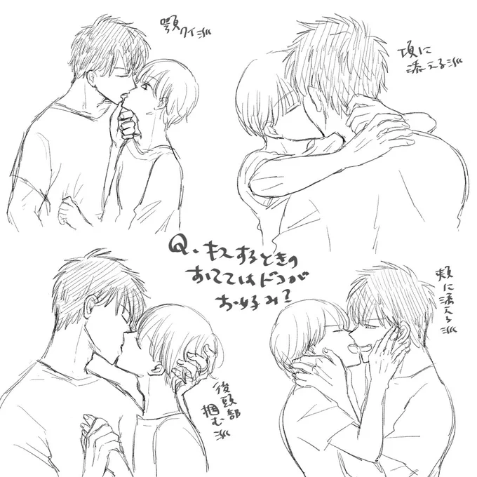 ちょっと前にTLに流れてきた推しCPのキスするときのおててはどこ派ってやつね～～～全部好き～～～ 