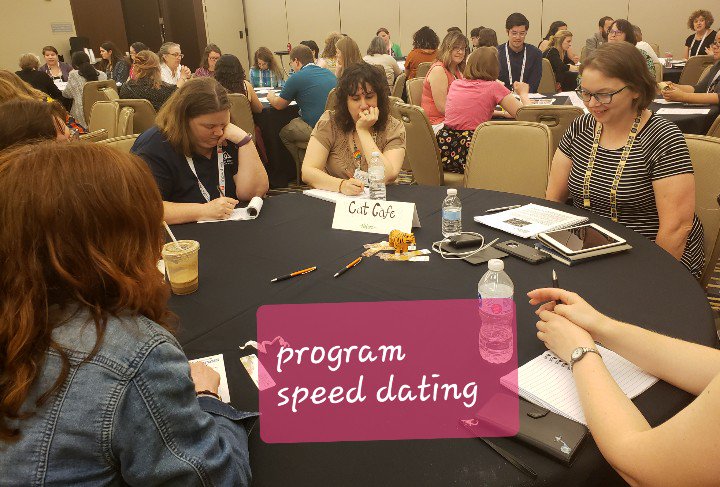 JanieH's tweet image. Program Speed Dating -- our signature event of the Programming Librarian Interest Group - is in full swing. Participants move every 5 minutes to learn from 10 presenters each sharing their best public programs. #ALAAC19 #sharingiscaring #programminglibrarian