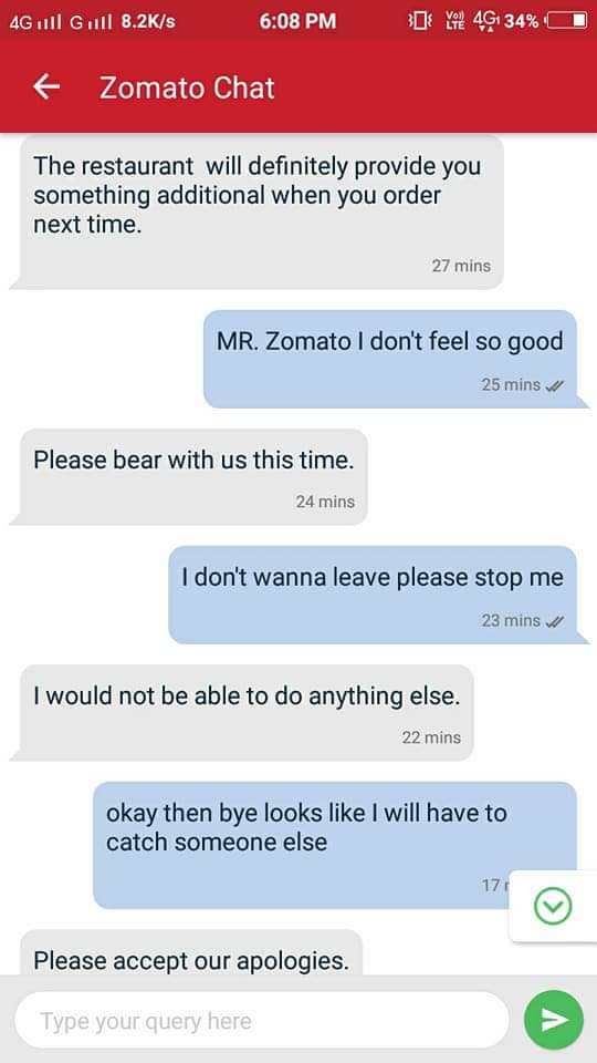 praneethshiyal's tweet photo. After this I am definitely getting into zomato.
Read it till the end 😂
Some light hearted fun
#zomatochat #zomatogold #justforpun #pun #justforfun #beingindian #drama #infitywar #MCU #spiderman #MarvelComics https://t.co/veco8ebJR9