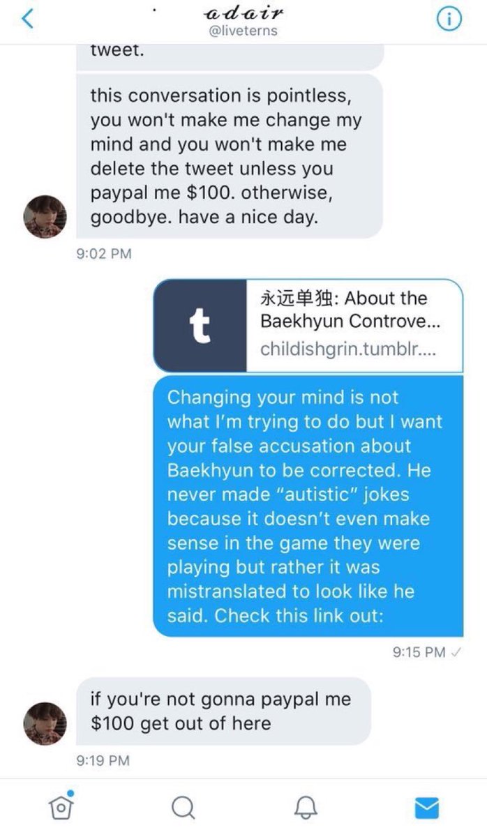2nd. 31/08/18: An army called Baek "able*t b!tch"and mistranslated again his words spreading lies on Something that happened 5 years Agothen Demanded to Pay $100 to take down the tweetCr. King_myeon01