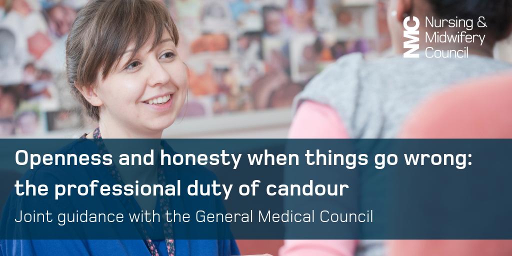 Being open and honest is the responsibility of every health care professional. 

Our guidance provides helpful advice on what to do when things go wrong and the responsibility you have to the people in your care. 

Read it now ➡ nmc.org.uk/standards/guid…