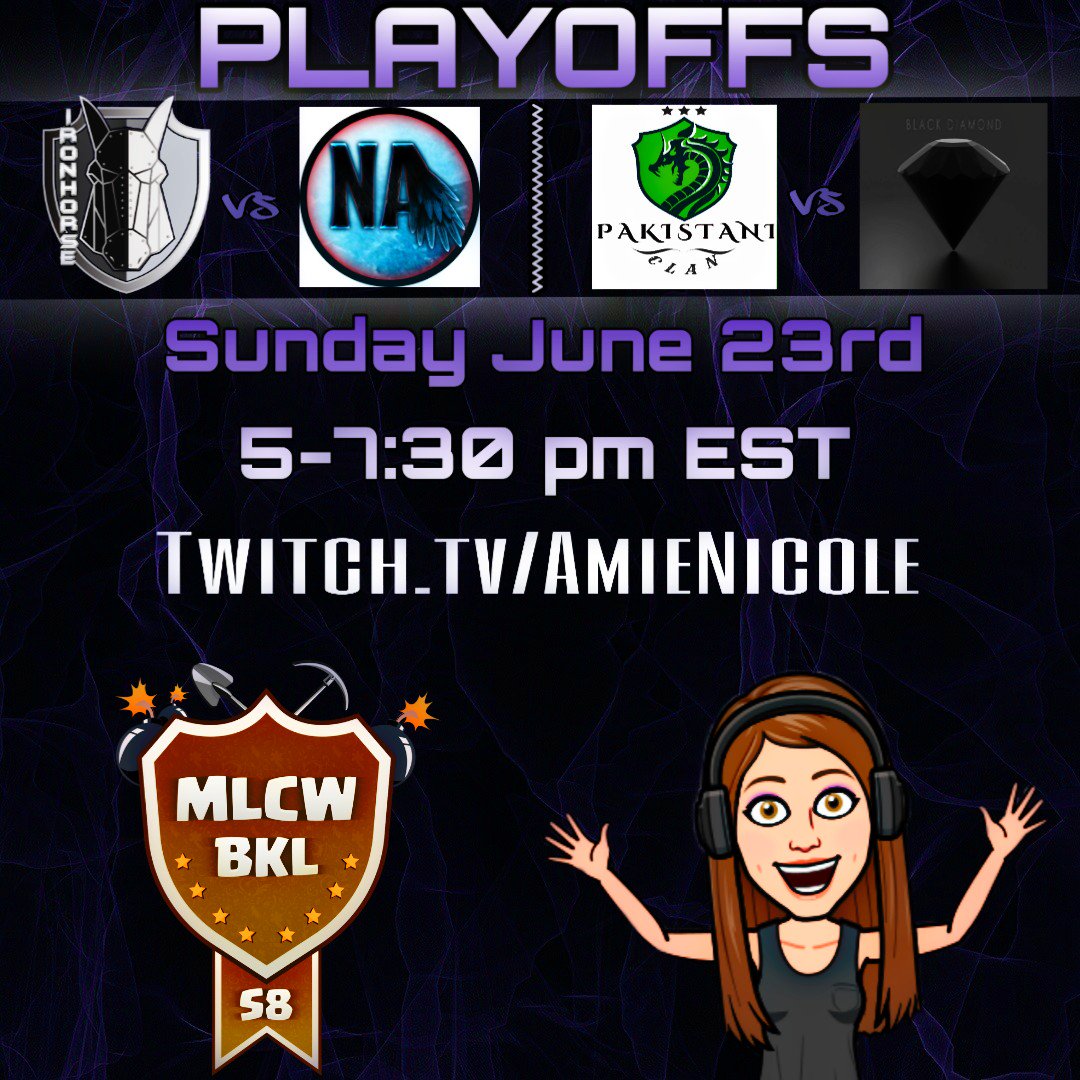 Tonight, we have some dual <a href="/MinerLeagueCW/">MLCW</a> playoff war coverage happening! The war ending between the undefeated <a href="/IronhorseCOC/">Ironhorse</a> and <a href="/North_Awakens/">North Awakens</a> will send someone to the quarter finals, and we will kickoff round one between <a href="/PakistaniClan/">PakistaniClanCoC</a> and <a href="/blackdiamondcoc/">Black Diamond</a>! #stream