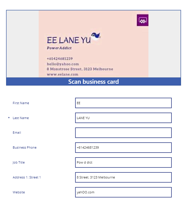 83_laney's tweet image. Hurmm...it doesn&apos;t like my font?? Anyone tried this and encounter truncation issue? #AIBuilder #PowerPlatform #BusinessCardScanner #PowerApps #triedntested