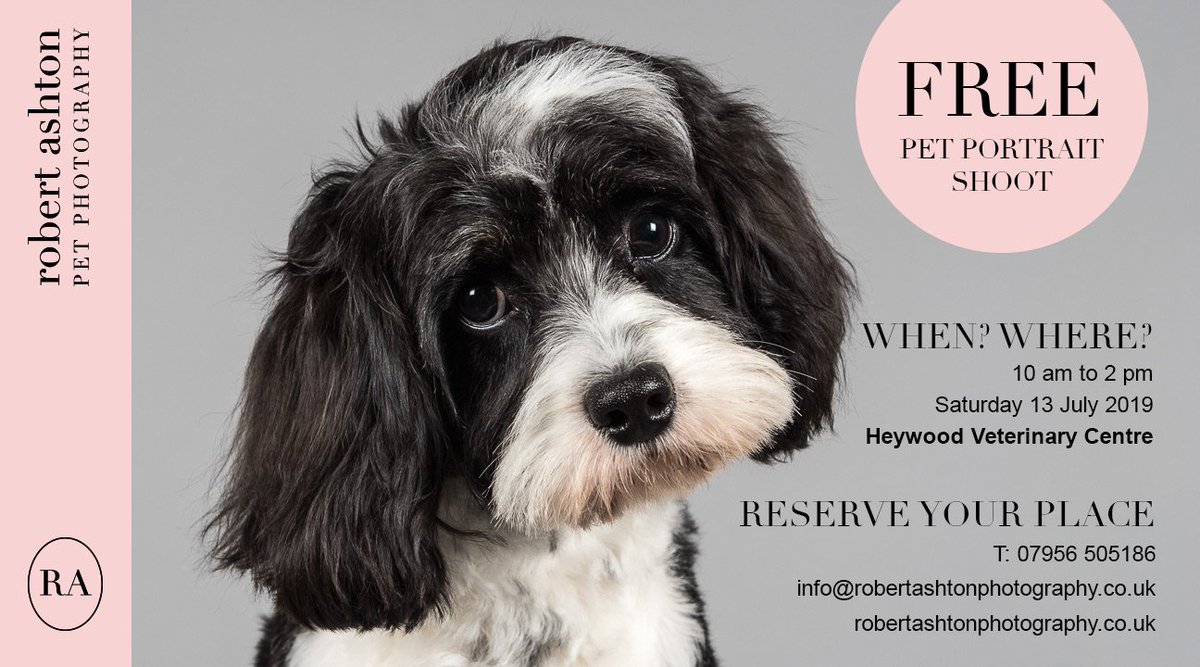 RobAshtonPhoto's tweet photo. I will be shooting free pet portraits at Heywood Veterinary Centre in #Heywood on Sat 13/07/19. The event is free &amp; there is no obligation to buy (prices from £25). Please contact me to book. #capturingtheircharacter #petphotographer #pets #RAPetPhotography #dogs #dog #Rochdale https://t.co/KptFtsLVyg