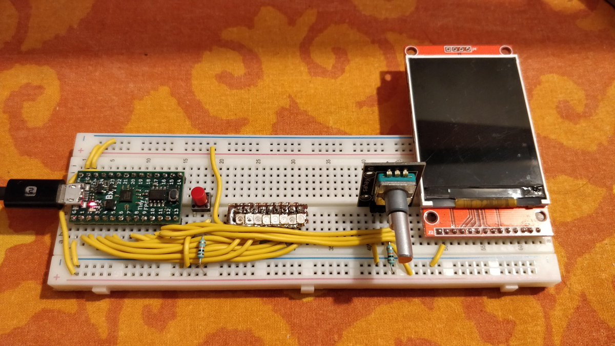 abh_ee's tweet image. Testbed based on the #TinyFPGA BX for the next few days of the #100DayFPGA sprint.

Peripherals: an 8-LED array, 2.4&quot; TFT SPI LCD, a switch and a rotary encoder.