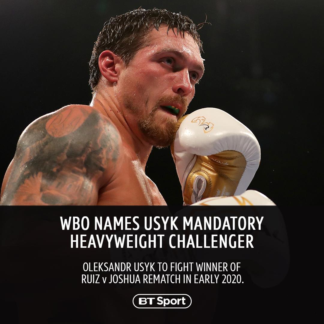 boxingontnt's tweet photo. The WBO have announced that Oleksandr Usyk is the mandatory heavyweight challenger.

The Ukrainian will face the winner of Andy Ruiz Jr.'s rematch with Anthony Joshua. https://t.co/NXThgcylWl