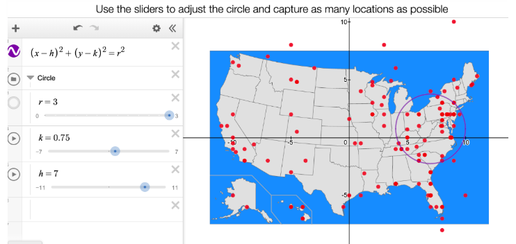 traviskimm's tweet photo. Excited to be with educators across America at #ISTE19. We used #desmos to get a sample of where we are from and our favorite vacation spots. Montana is represented! We then applied circle equations to capture the most points. Cool stuff with @IanKerr_math @mashmatics https://t.co/sXrjVuE7o6