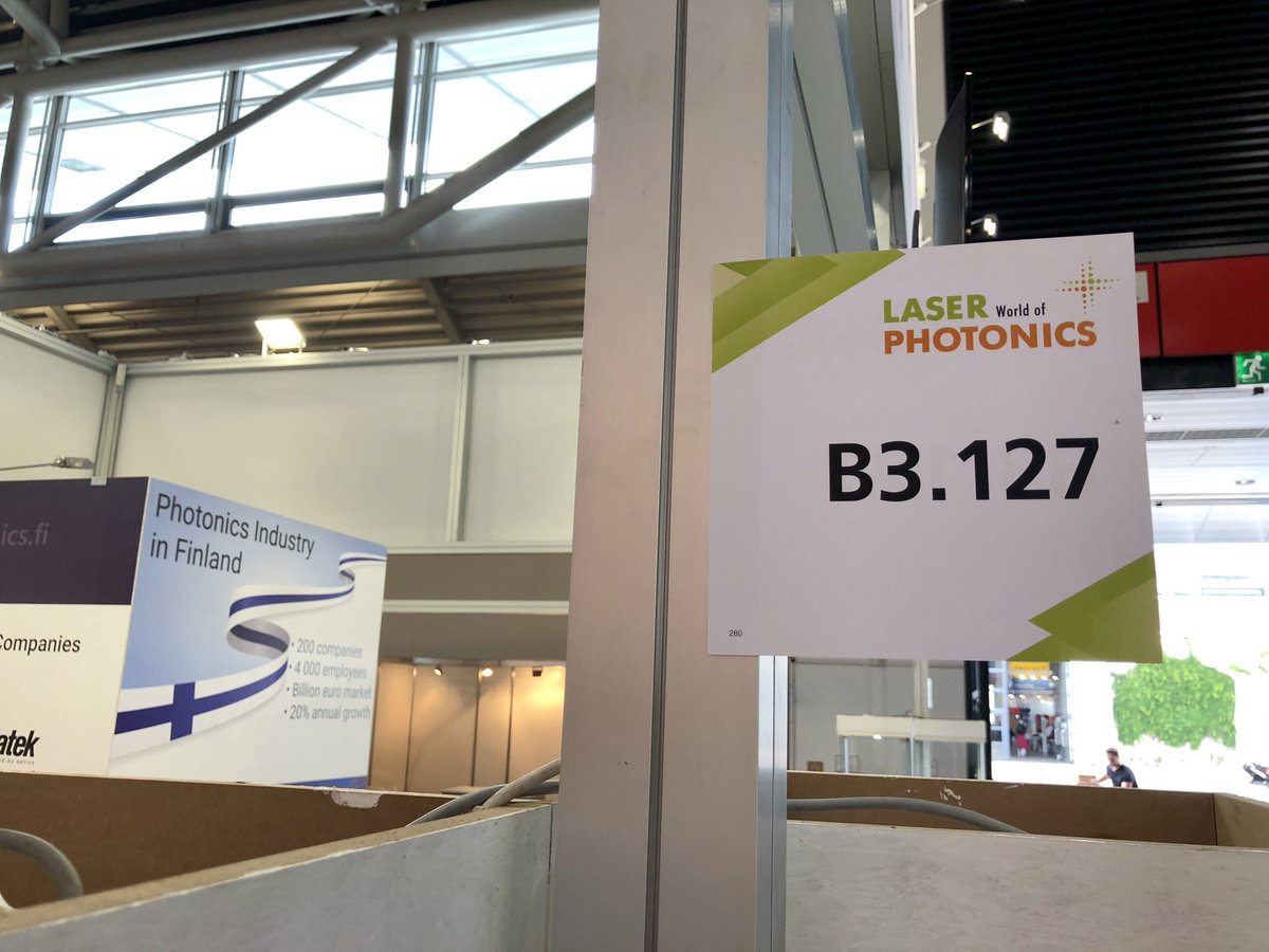 PhotonicsFin's tweet photo. Photonics Finland Pavilion is ready for action! See you in @LASER_Munich Hall B3 - Booth #127 with #Ampliconyx @Oplatek_Oy @VexlumLtd @VTTFinland @brighterwave @SenopOy #Ladimo and @flagshipprein #photonics #fotoniikka @Photonics21 https://t.co/KBZZaNsj0i