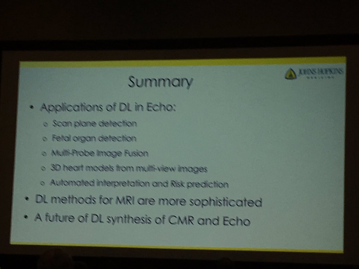 Echo Innovation at #ASE2019➡️ great overview on what is AI, machine learning and how we can use these emerging technologies in cardiology. Presented by <a href="/ShelbyKuttyMD/">Shelby Kutty, MD, PhD, MHCM</a> and <a href="/GeoffTison/">Geoff Tison</a>  Thanks <a href="/ASE360/">American Society of Echocardiography</a> for efforts in bridging medicine and engineering in support of innovations!