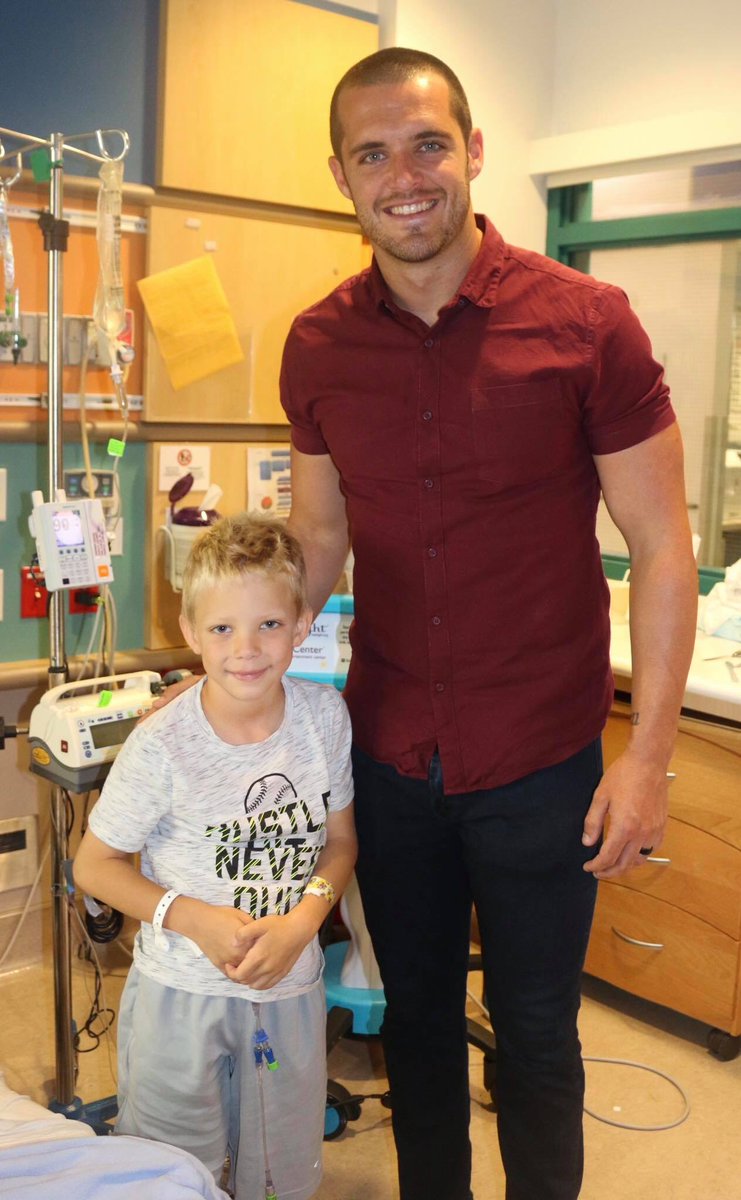 Thank you to <a href="/derekcarrqb/">Derek Carr</a> for stopping by Valley Children’s Hospital yesterday to cheer up my son who was just diagnosed with leukemia on Tuesday. He does so many great things for the hospital and the Central Valley #BulldogBornBulldogBred #FresnoState #godogs #RaiderNation