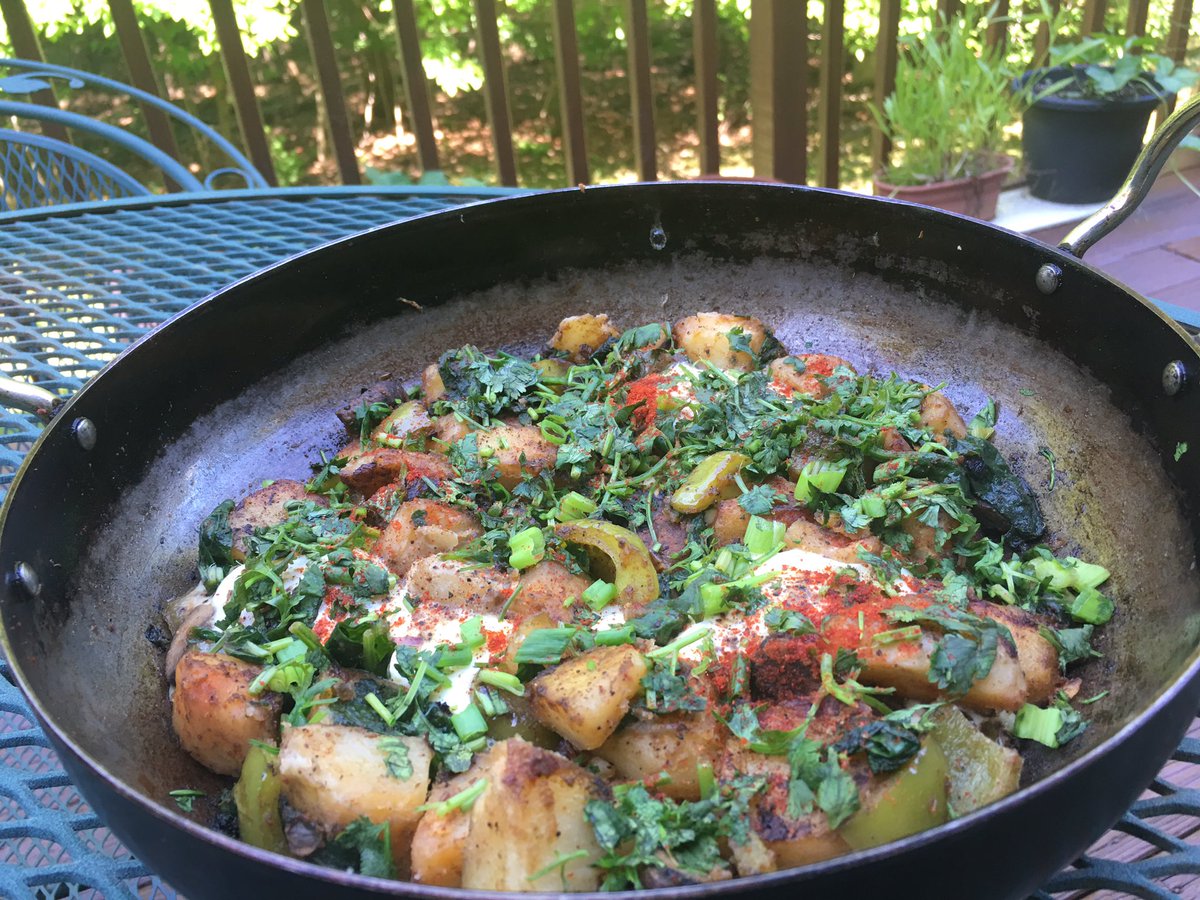  #SundayBrunch Skillet eggs and vegetables on the deck this sunny Sunday morning  #Foodies