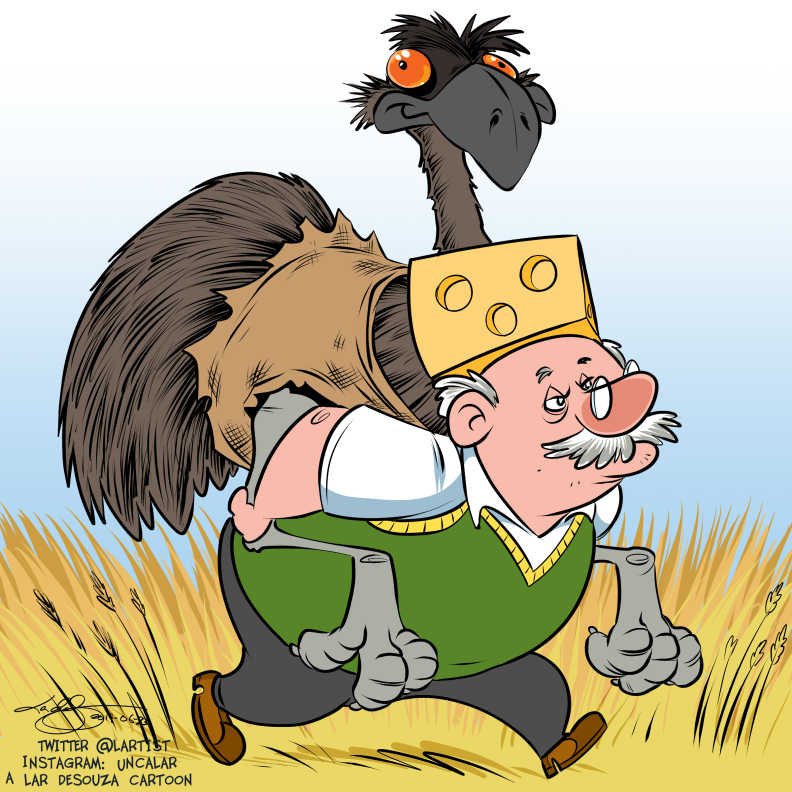 A picture of a stout man, balding, gray hair, bushy mustache, small pince-nez glasses, a hat in the shape of a wedge of cheese, wearing a green sweater with yellow trim, running through a grain field carrying an adult emu on his back, its butt bursting out of a carry sack