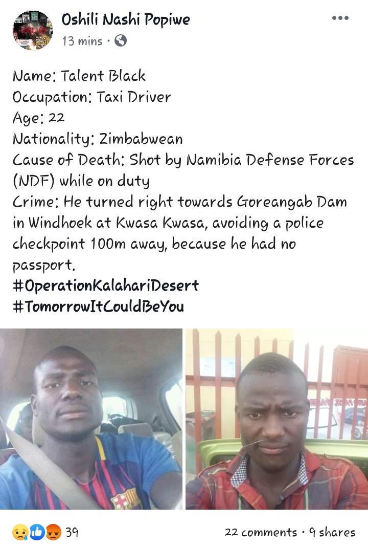 <a href="/hagegeingob/">Dr Hage G. Geingob</a> Remains of 22-year-old Fambauone ‘Talent’ Black were on Saturday repatriated to his home country, Zimbabwe, two weeks after he was killed to instructions during an Operation Kalahari Desert patrol. In the picture, Black's friends help to load his body into a trailer.<a href="/TheNamibian/">The Namibian</a>