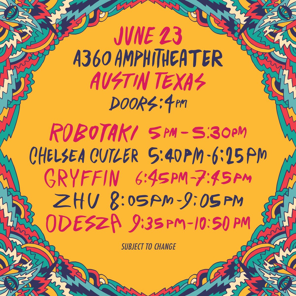MSoundtribe's tweet photo. Set times see ya later today @CampNowhereTX @Austin360Amp @odesza @gryffinofficial @ZHUmusic 
#EDMTwitter #edm #Austin #ATX #edmlifestyle #events https://t.co/fGeVoCWxpn