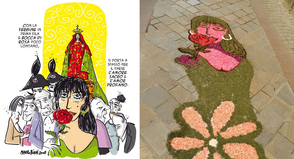 maurobiani's tweet photo. #CorpusDomini #infiorata di #Cannara (Pg) ha scelto alcune mie tavole (da "Come una  specie di sorriso") per "Smisurata preghiera", omaggio a #FabrizioDeAndrè. Onorato e grazie davvero a @StefanoLuzi e a tutte/i. Bellissimo. https://t.co/qz7mOyCZKr