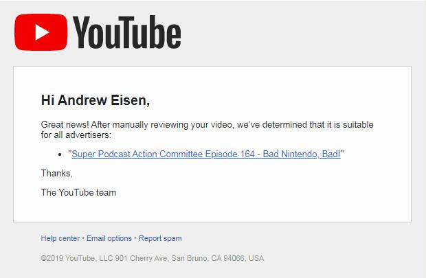 Pic of an email from YouTube admitting it inappropriately flagged another my videos.