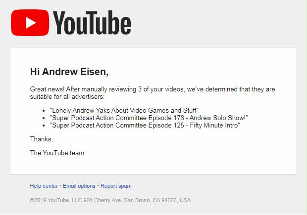 Pic of an email from YouTube admitting it inappropriately flagged another three of my videos.