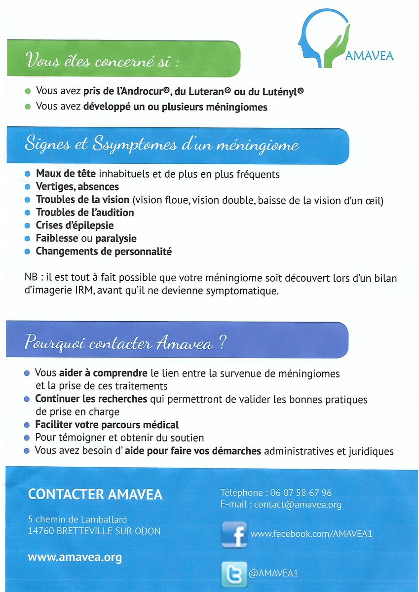 AMAVEA1's tweet photo. Nouveau flyer disponible ! 
#Androcur #Luteran #Lutenyl #meningiomes #neurosurgery #femmes #Sante https://t.co/MMUsshQmCA