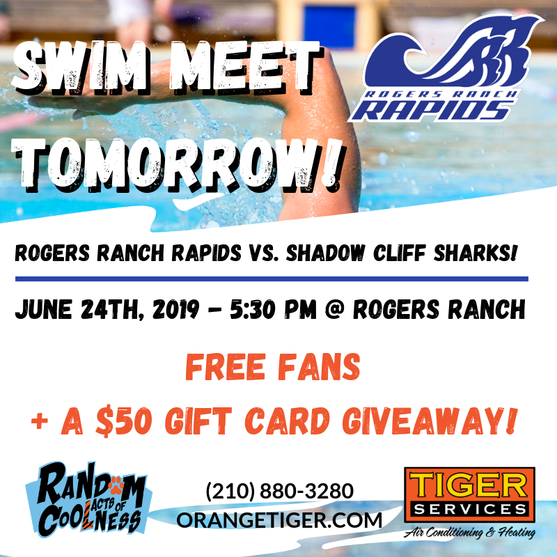 Random Acts of Coolness is back at it again! Catch us tomorrow at 5:30PM, supporting the Rogers Ranch Rapids as they compete against the Shadow Cliff Sharks. orangetiger.com (210) 880-3280 #TigerServices #Swim #RogersRanchRapids #RandomActsofCoolness #Giveaway #SATX #Fans