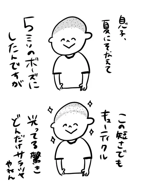 イラストではフサフサですが、実は息子は坊主になってます。
サラツヤ坊主です。

#むぴーの絵日記 