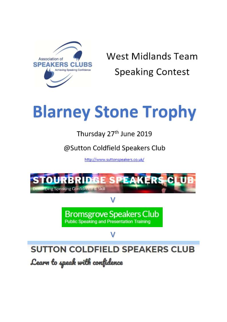 Looking forward to seeing the Stourbridge, Bromsgrove &amp; Sutton Speakers Clubs competing for the Blarney Stone Trophy this Thursday 🗣