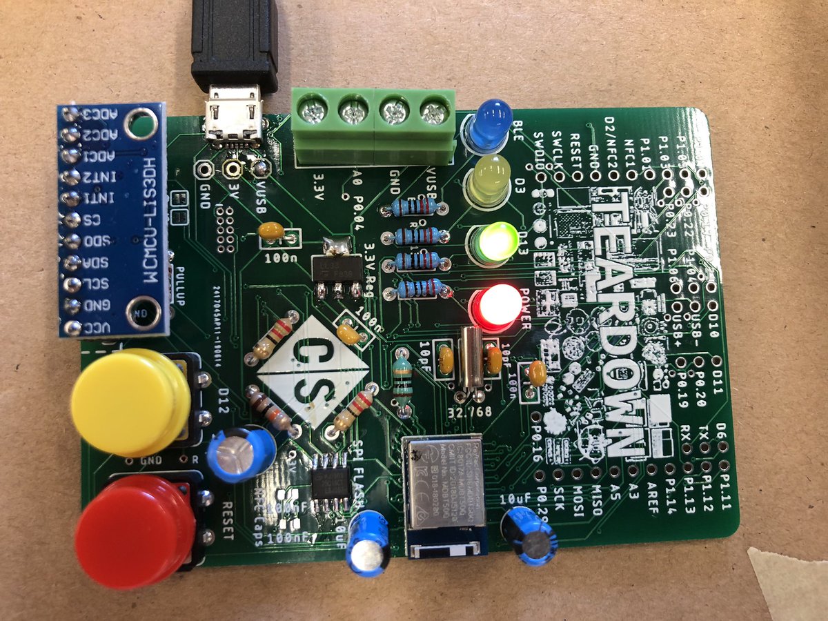 makermelissa's tweet image. In one of the workshops at #Teardown2019 we built a through-hole version of the @adafruit nrf52840 Feather Express. This comes with @CircuitPython 4.0.1. It was very fun! #PythonHardware