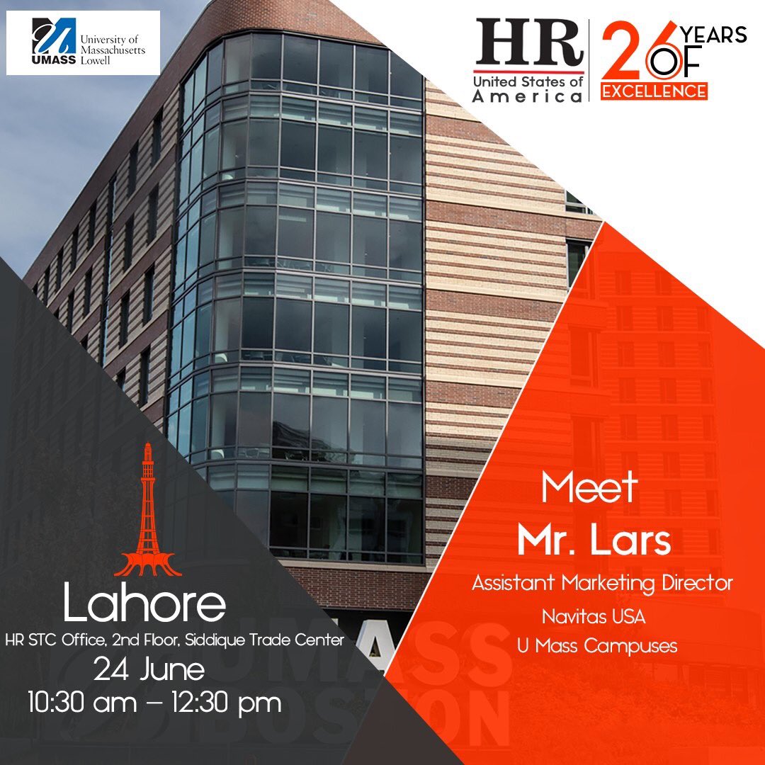 hrconsultantspk's tweet photo. Have a one on one consultation with Mr. Lars, representing University of Massachusetts, USA.
He'll be meeting potential students and offer holders for a pre departure session, in #Lahore
π
Mon 24 Jun
β° 10:30 AM - 12PM
π HR STC Office
#StudywithHR #HRConsultants https://t.co/gHzkNcviTS
