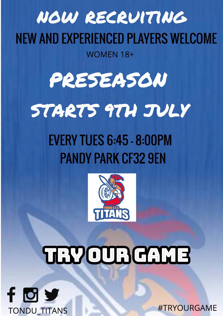 tondu_titans's tweet photo. 🚨PRESEASON STARTS 9th JULY!! 
Join the Tondu Titans for their first official season in the New WRU merit league 🏉🔴🔵 @CommunityOsprey @WaterWheelers @tondurfcyouth @AllWalesSport @GEMSportNews @ThorntonSonia https://t.co/KnPaYFN6LS