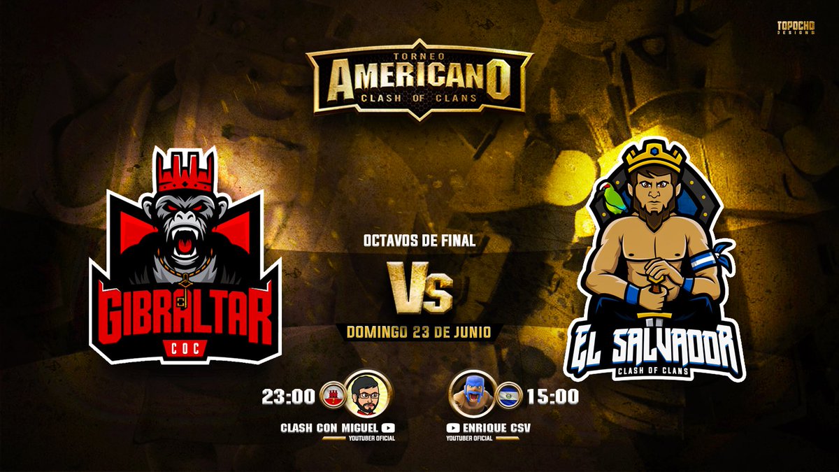 Hoy iniciamos los octavos de final del <a href="/TAMERICANOCOC/">TORNEO AMERICANO DE CLASH OF CLANS</a> enfrentándose <a href="/SelecElSalvador/">Selección Salvadoreña de CoC</a> vs <a href="/Coc_Gibraltar/">Selecion de Gibraltar de Clash of Clans 🇬🇮🐒</a> a las 3pm hora de El Salvador, los espero 😎